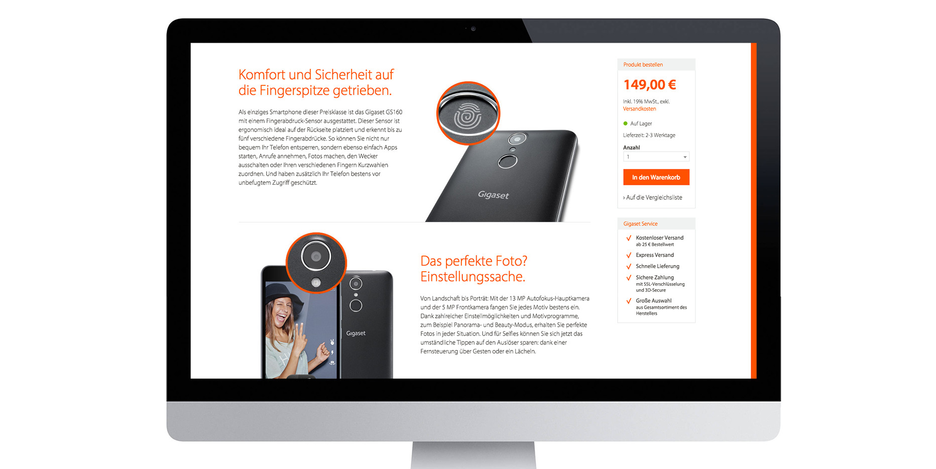 Launchkampagne Gigaset GS160: Produktdetailseite – Fingerabdruckscanner