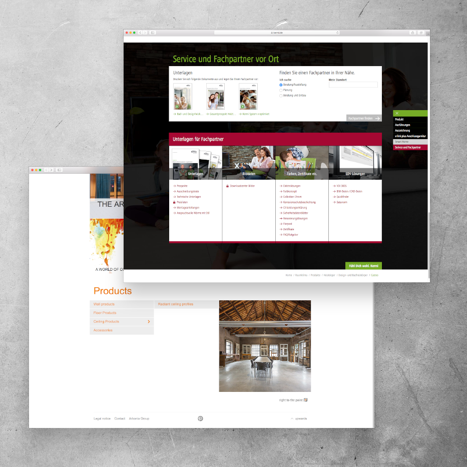 Screenshots der User Experience am Beispiel Produktnavigation und Fachpartner- Infos für Kermi und Arbonia in Typo3