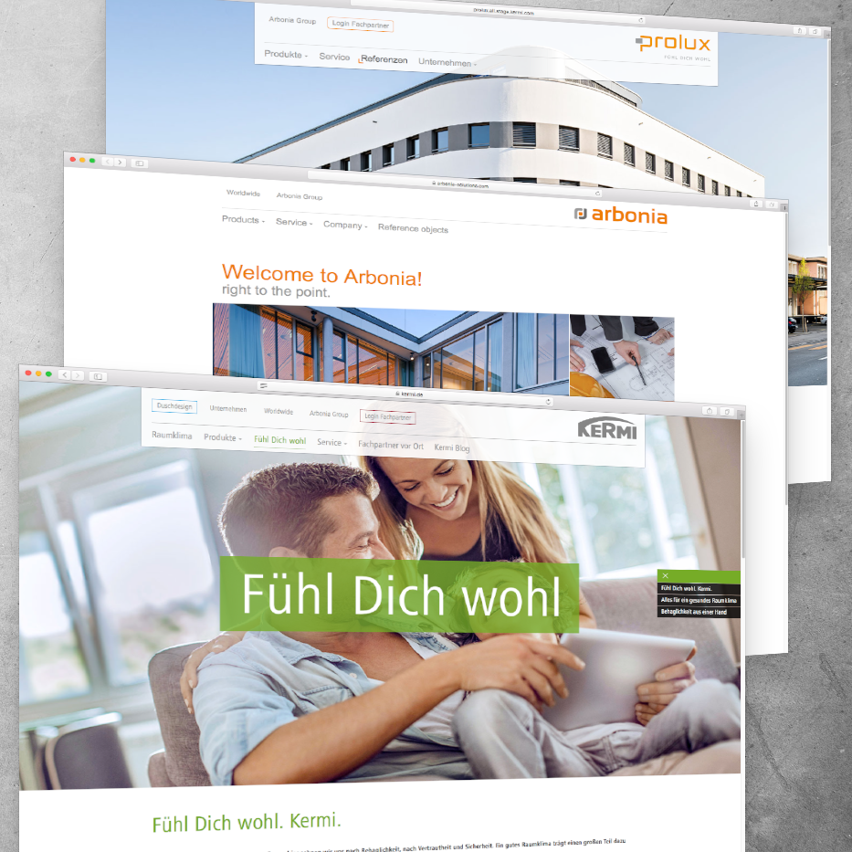 Screenshot der drei Marken Kermi, Arbonia und Prolux in Typo3